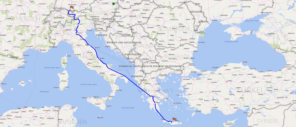 Streckenverlauf Route Vorarlberg nach Griechenland über Italien