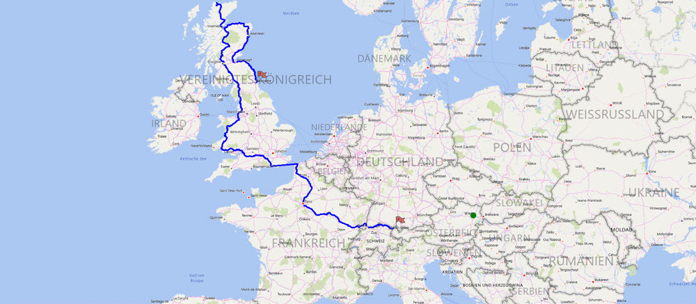 Streckenverlauf Route Vorarlberg nach Schottland